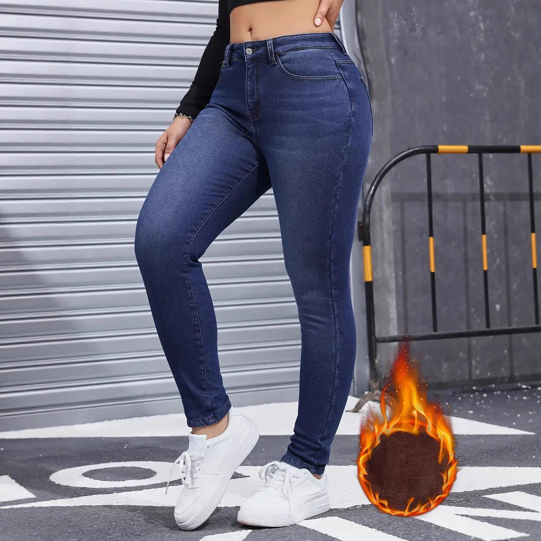 Autumn And Winter Brushed Womenswear Elastic Skinny Jeans,Button closure,Solid color,casual style,