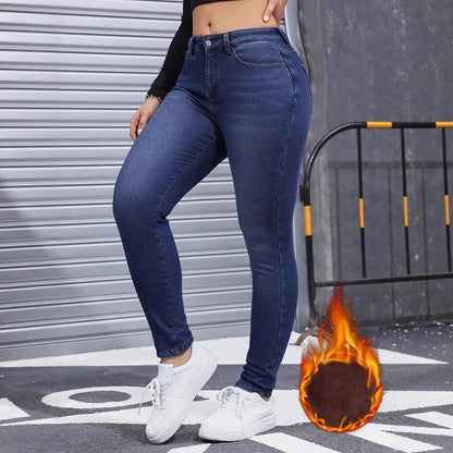 Autumn And Winter Brushed Womenswear Elastic Skinny Jeans,Button closure,Solid color,casual style,