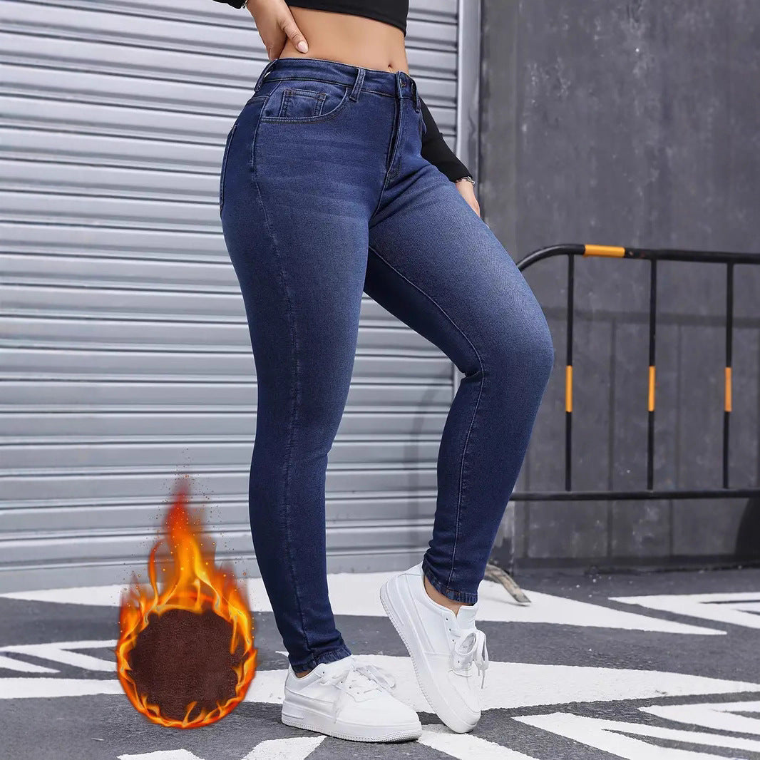 Autumn And Winter Brushed Womenswear Elastic Skinny Jeans,Button closure,Solid color,casual style,