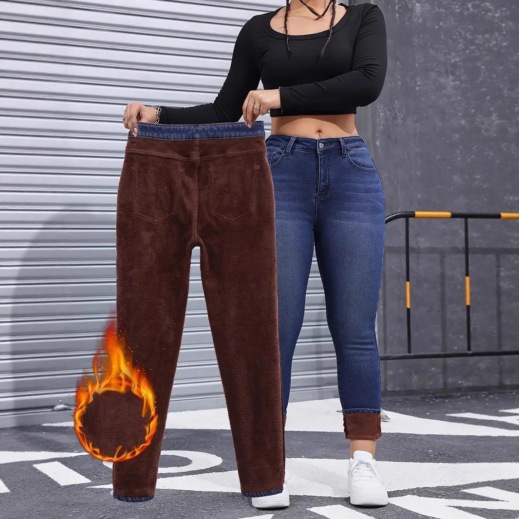 Autumn And Winter Brushed Womenswear Elastic Skinny Jeans,Button closure,Solid color,casual style,